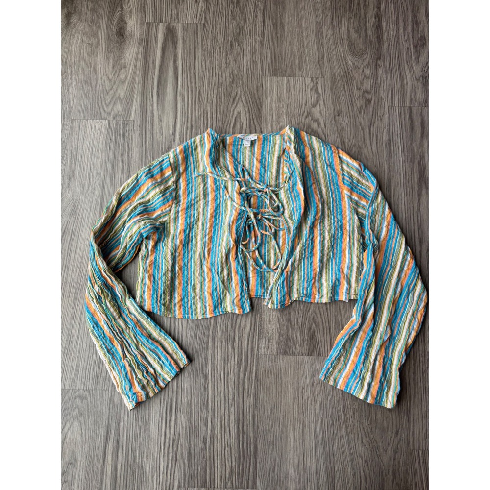 Topshop Multi Color Striped Tie Front Crop Top Long Sleeve Cotton Boho XS